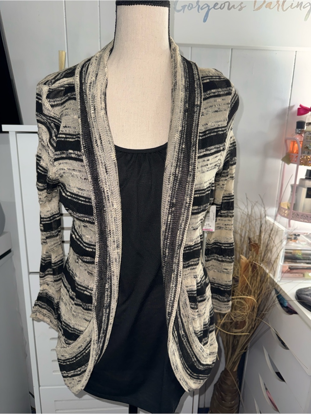 Open-Front Black and Cream Stripe Women’s Sweater Cardigan
SIZE L